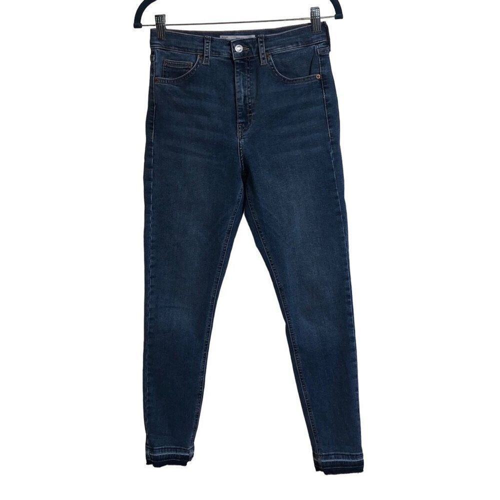 Topshop Women's Moto Jamie High-Rise Raw Hem Skinny Jeans In Blue Denim Size 28